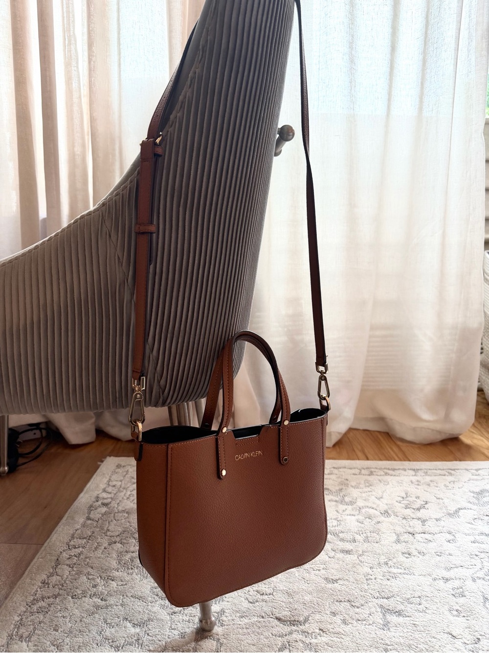 Calvin Klein Cognac Pebbled Leather Tote with Detachable Strap